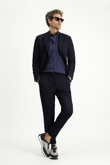 Koyu Lacivert Super Slim Fit Ekstra Dar Kesim Beli Lastikli İpli Takım Elbise