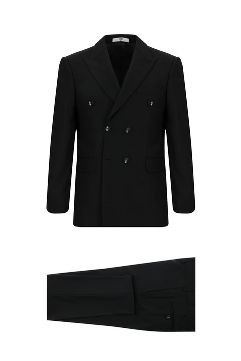 Siyah 7 Drop Slim Fit Dar Kesim Desenli Kruvaze Takım Elbise
