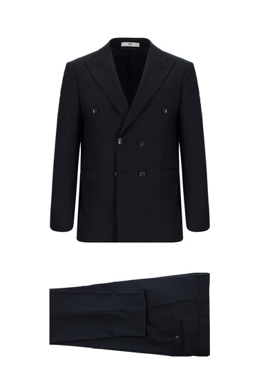Koyu Lacivert Slim Fit Dar Kesim Desenli Kruvaze Takım Elbise