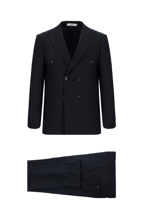 Koyu Lacivert 7 Drop Slim Fit Dar Kesim Desenli Kruvaze Takım Elbise