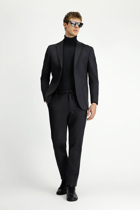 Black 6 Drop Regular Fit Standard Cut Patterned Elastic Waist Drawstring Suit