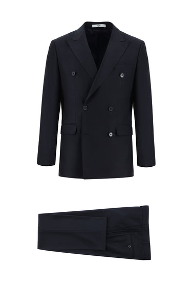 Koyu Lacivert Slim Fit Dar Kesim Desenli Kruvaze Takım Elbise