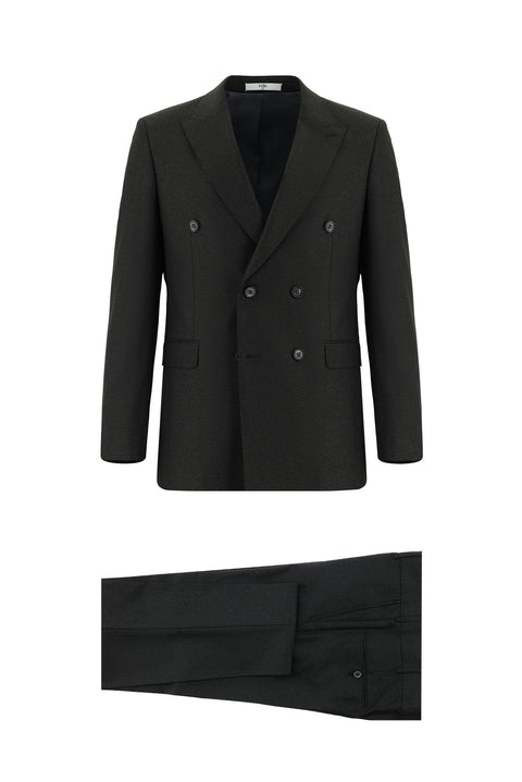 Koyu Antrasit 7 Drop Super Slim Fit Eksra Dar Kesim Desenli Kruvaze Takım Elbise
