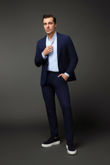 Koyu Lacivert Slim Fit Dar Kesim Beli Lastikli İpli Gofreli Likralı Takım Elbise