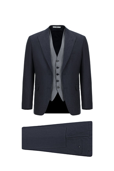 Orta Lacivert Slim Fit Dar Kesim Kombinli Yelekli Takım Elbise