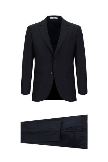 Koyu Lacivert Slim Fit Dar Kesim Yünlü Klasik Takım Elbise