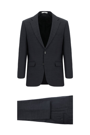 Koyu Füme Slim Fit Dar Kesim Yünlü Klasik Desenli Takım Elbise