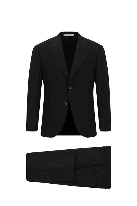 Siyah 7 Drop Slim Fit Dar Kesim Yünlü Desenli Takım Elbise