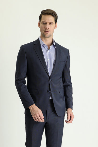 Koyu Lacivert Slim Fit Dar Kesim Yünlü Klasik Takım Elbise