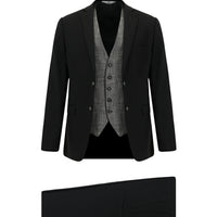 Siyah Slim Fit Dar Kesim Yelekli Takım Elbise