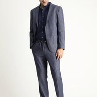 Koyu Lacivert Super Slim Fit Ekstra Dar Kesim Beli Lastikli İpli Desenli Keten Karışımlı Takım Elbise