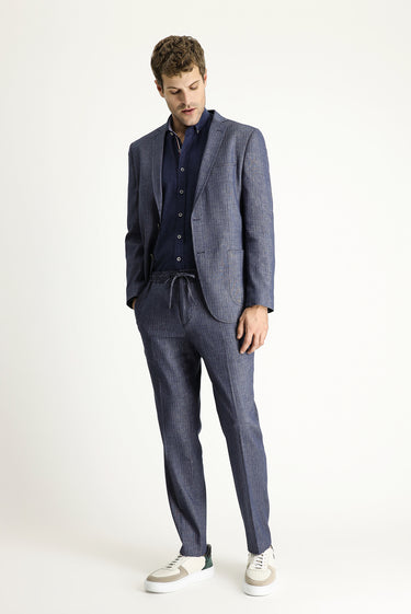Koyu Lacivert Super Slim Fit Ekstra Dar Kesim Beli Lastikli İpli Desenli Keten Karışımlı Takım Elbise