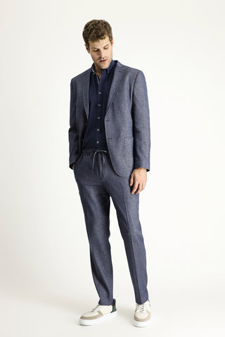 Koyu Lacivert 7 Drop Super Slim Fit Eksra Dar Kesim Beli Lastikli İpli Desenli Keten Karışımlı Takım Elbise
