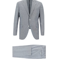 Açık Lacivert Slim Fit Dar Kesim Beli Lastikli İpli Desenli Pamuklu Keten Karışımlı Takım Elbise