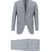 Light Navy Blue 7 Drop Slim Fit Narrow Cut Elasticated Waist Drawstring Patterned Cotton Linen Blend Suit