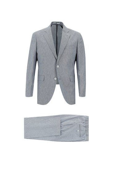 Açık Lacivert Slim Fit Dar Kesim Beli Lastikli İpli Desenli Pamuklu Keten Karışımlı Takım Elbise