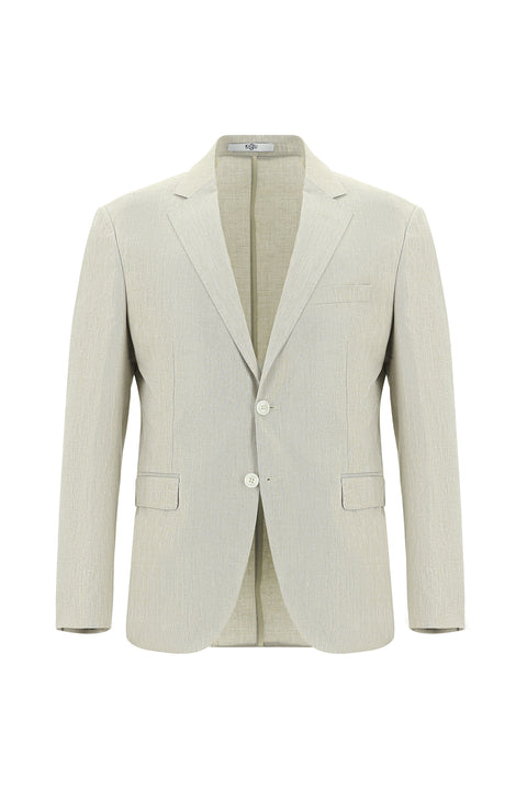Orta Bej 7 Drop Slim Fit Dar Kesim Beli Lastikli İpli Desenli Pamuklu Keten Karışımlı Takım Elbise
