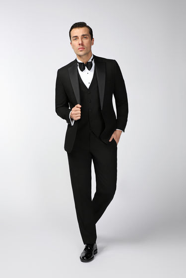 Siyah Regular Fit Mono Yaka Yelekli Smokin & Damatlık