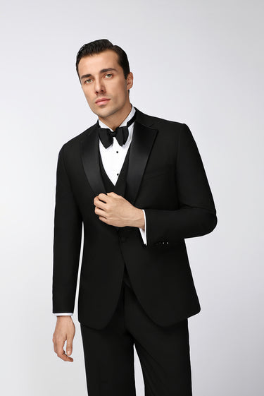 Siyah Regular Fit Mono Yaka Yelekli Smokin & Damatlık