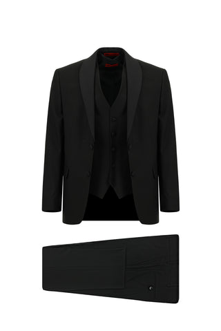 Siyah 7 Drop Slim Fit Dar Kesim Şal Yaka Yelekli Smokin & Damatlık