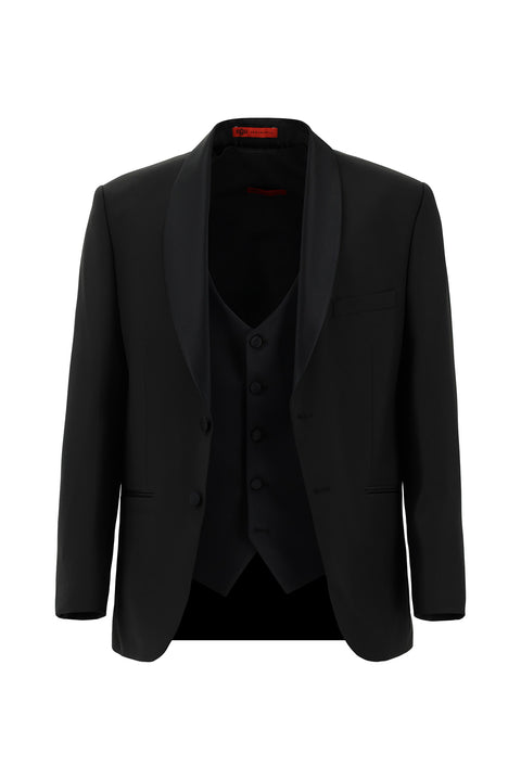 Siyah 4 Drop Relaxed Fit Rahat Kesim Şal Yaka Yünlü Yelekli Smokin & Damatlık