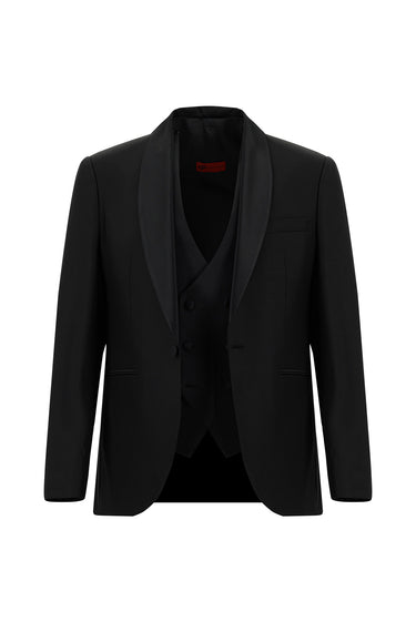 Siyah Slim Fit Dar Kesim Şal Yaka Yünlü Yelekli Smokin & Damatlık