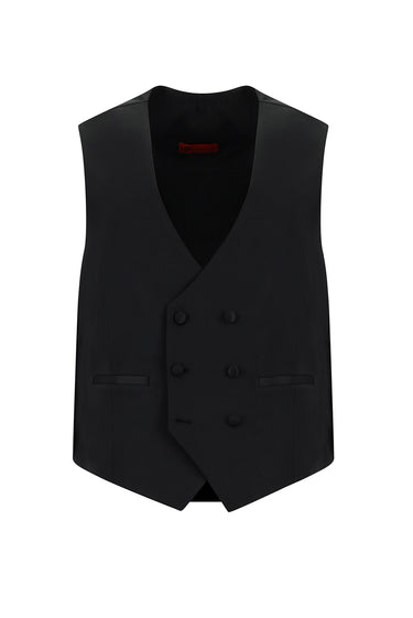 Siyah Slim Fit Dar Kesim Şal Yaka Yünlü Yelekli Smokin & Damatlık