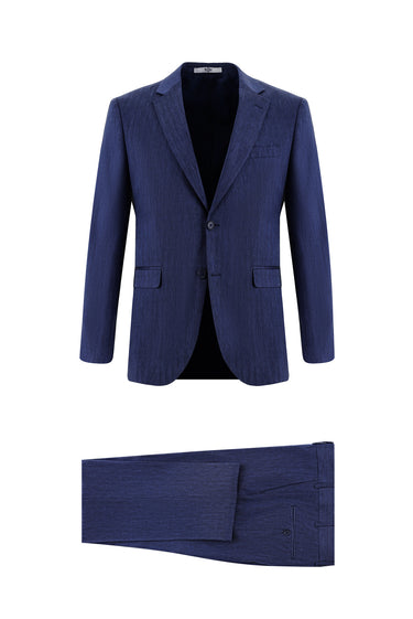 Orta Lacivert Slim Fit Dar Kesim Klasik Desenli Keten Karışımlı Takım Elbise