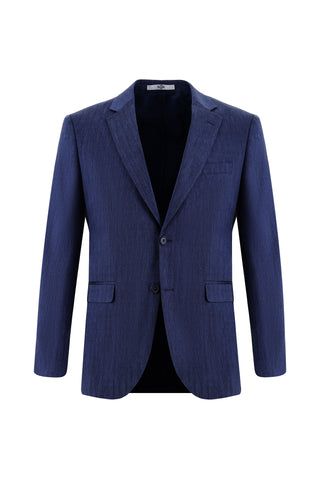 Orta Lacivert 7 Drop Slim Fit Dar Kesim Desenli Keten Karışımlı Takım Elbise