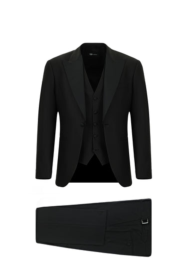 Siyah Slim Fit Dar Kesim Sivri Yaka Yelekli Smokin & Damatlık