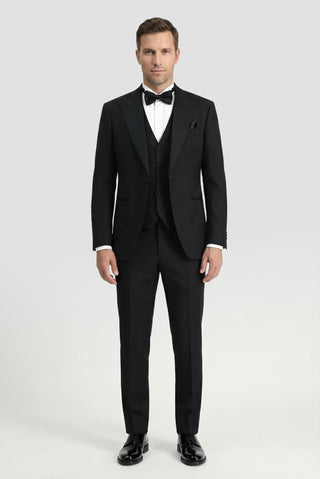 Siyah 7 Drop Slim Fit Dar Kesim Sivri Yaka Yelekli Smokin & Damatlık