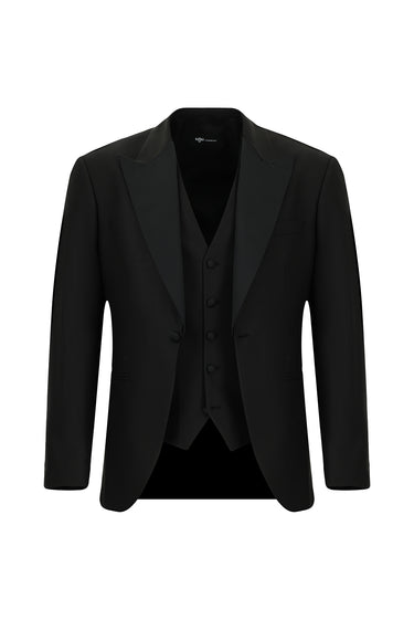 Siyah Slim Fit Dar Kesim Sivri Yaka Yelekli Smokin & Damatlık