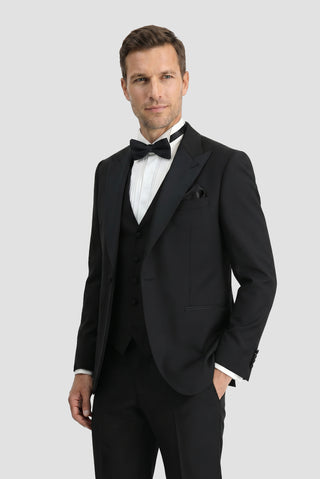 Siyah 7 Drop Slim Fit Dar Kesim Sivri Yaka Yelekli Smokin & Damatlık