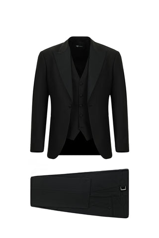 Siyah 7 Drop Slim Fit Dar Kesim Sivri Yaka Yelekli Smokin & Damatlık