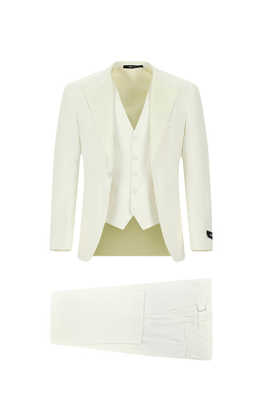 Krem Slim Fit Dar Kesim Sivri Yaka Yelekli Smokin & Damatlık