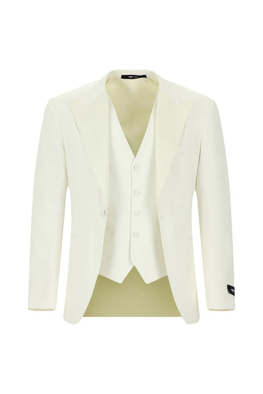 Krem Slim Fit Dar Kesim Sivri Yaka Yelekli Smokin & Damatlık