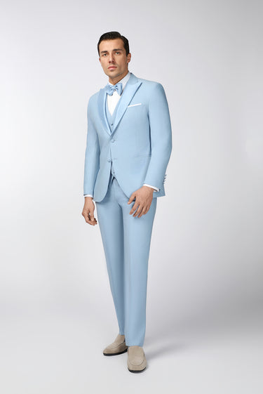 Açık Mavi Slim Fit Dar Kesim Sivri Yaka Yelekli Smokin & Damatlık