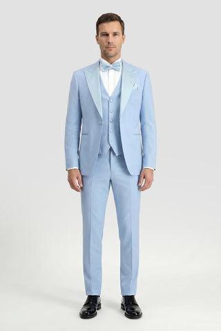 Açık Mavi 7 Drop Slim Fit Dar Kesim Sivri Yaka Yelekli Smokin & Damatlık