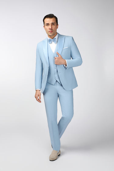 Açık Mavi Slim Fit Dar Kesim Sivri Yaka Yelekli Smokin & Damatlık