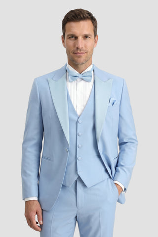 Açık Mavi 7 Drop Slim Fit Dar Kesim Sivri Yaka Yelekli Smokin & Damatlık