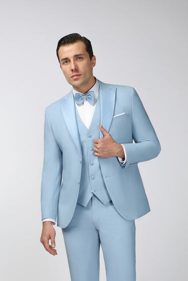 Açık Mavi Slim Fit Dar Kesim Sivri Yaka Yelekli Smokin & Damatlık