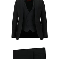 Siyah Slim Fit Dar Kesim Sivri Yaka Yelekli Yünlü Smokin & Damatlık