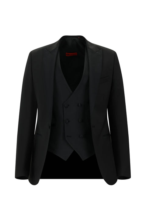 Siyah 7 Drop Slim Fit Dar Kesim Sivri Yaka Yelekli Yünlü Smokin & Damatlık