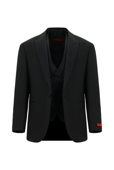 Siyah Regular Fit Yünlü Sivri Yaka Yelekli Smokin & Damatlık