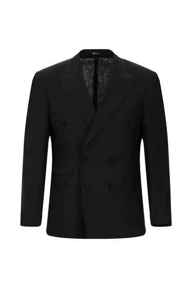 Siyah Oversize Ekstra Rahat Kalıp Sivri Yaka Kruvaze Keten Smokin & Damatlık