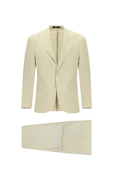 Açık Bej Regular Fit Sivri Yaka Keten Smokin & Damatlık