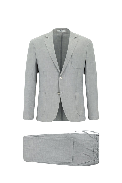 Light Grey 7 Drop Super Slim Fit Extra Narrow Cut Patterned Elastic Waist Drawstring Suit