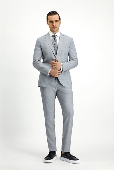 Açık Gri Super Slim Fit Ekstra Dar Kesim Desenli Beli Lastikli İpli Takım Elbise