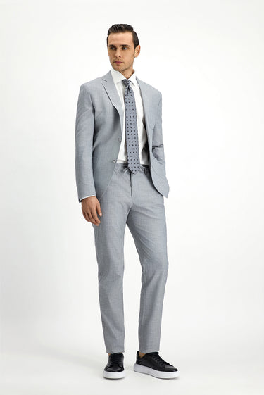 Açık Gri Super Slim Fit Ekstra Dar Kesim Desenli Beli Lastikli İpli Takım Elbise