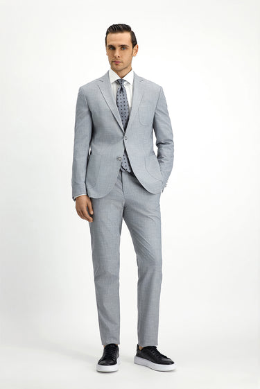 Açık Gri Super Slim Fit Ekstra Dar Kesim Desenli Beli Lastikli İpli Takım Elbise